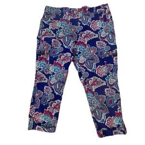 Chicos Luxe Twill Utility Crop Pants Blue Magenta Paisley Print Sz 1.5 P (M/10)